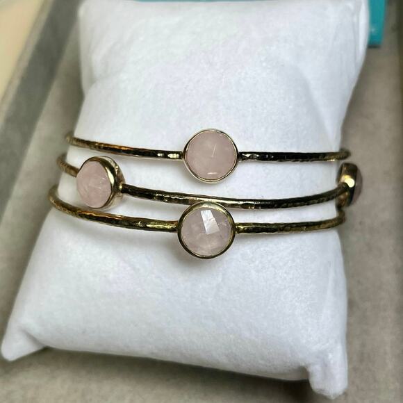 Julie Vos Gold Bangles Set of 3 Rose Quartz Pink Boho Luxe Stackable Bracelets - Picture 2 of 9
